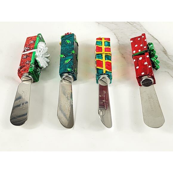 Boston Warehouse Cheese Butter Spreaders 90's Christmas 4 7/8 Stainless China x4 - Picture 11 of 13